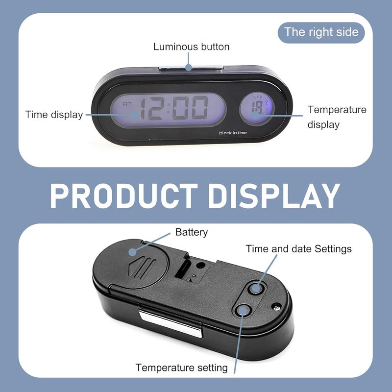 MLY 1 PC 2-in-1 Car Digital Clock & Thermometere Display, Blue Backlight LED Dashboard with Adhesive Mount, Universal Small Digital Clock Power Operated for Vehicles & Home Use (Black) - Image 3